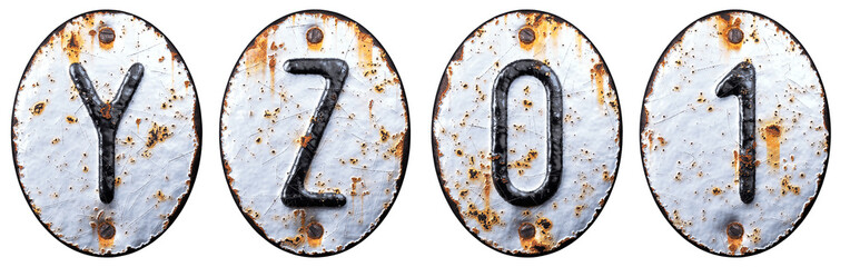 3D render set of capital letters Y, Z and number 0, 1 made of forged metal on the background fragment of a metal surface with cracked rust.