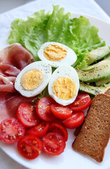 Boiled eggs, bacon, avocado, toast and tomatoes and lettuce salad.