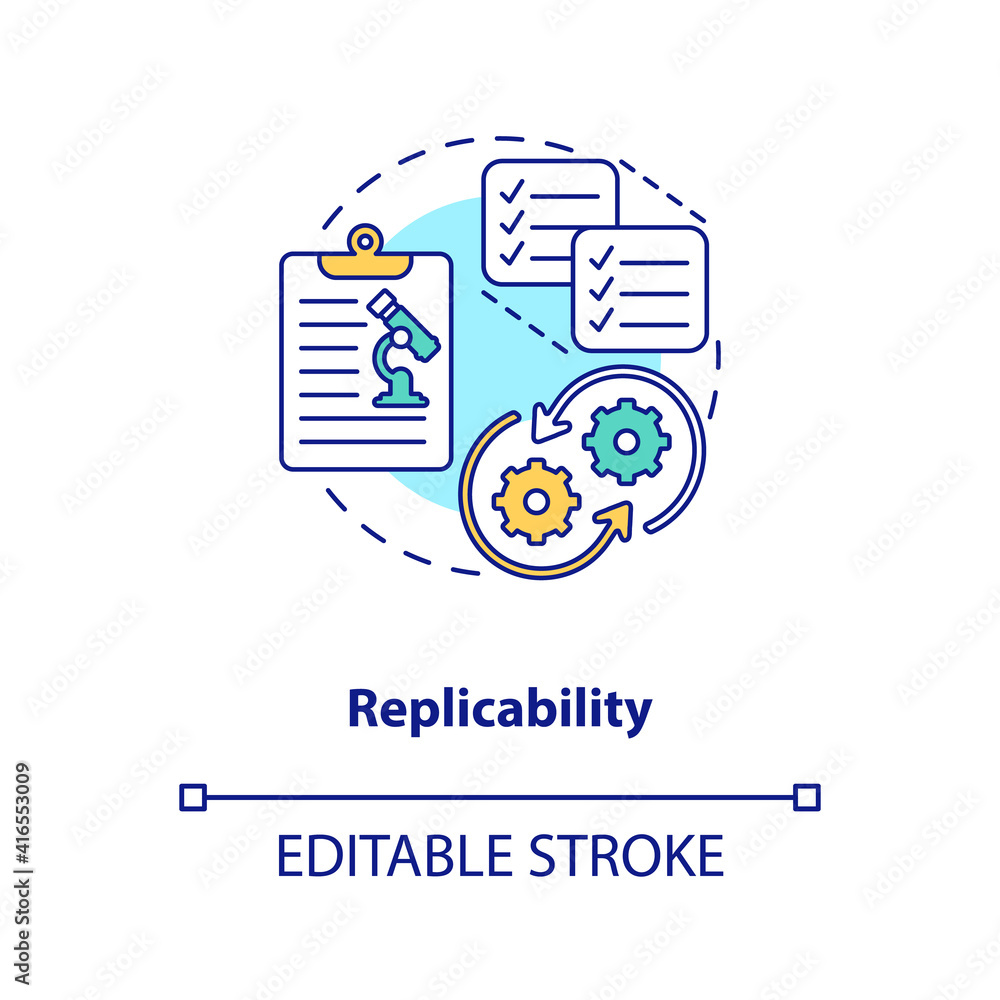 Poster replicability concept icon. replicating and repeating scientific study idea thin line illustration. 