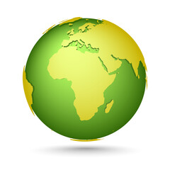 Yellow-green globe. Planet with continents Africa, Asia, Australia, Europe, North America and South America.
