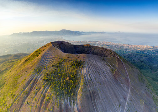 Aerial view of Vesuvius crater and Gulf of Naples at sunrise, Naples, Campania, Italy, Europe