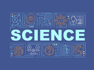 Science word concepts banner. Discovering new technologies. Getting new information. Infographics with linear icons on navy background. Isolated typography. Vector outline RGB color illustration