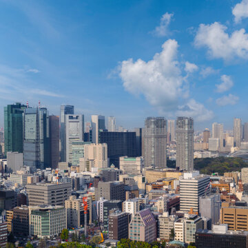 Landscape of tokyo city skyline in Aerial view with skyscraper, modern office building and blue sky background in Tokyo metropolis, Japan. © lukyeee_nuttawut
