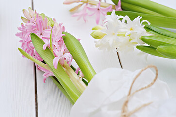 hyacinth flowers on the table in flower shop. biodegradable natural packaging matherials. easter flowers. Hello spring. bloggers or website content