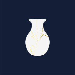 Repaired Japan vase kintsugi art color sketch engraving illustration. Scratch board style imitation.