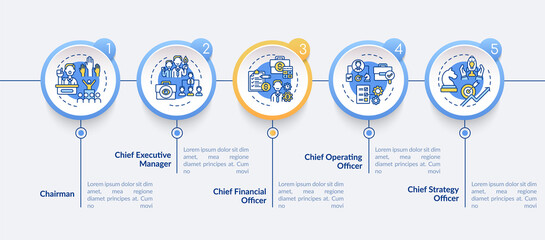Top management positions vector infographic template. Chief executive manager presentation design elements. Data visualization with 5 steps. Process timeline chart. Workflow layout with linear icons