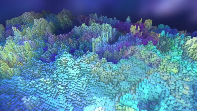 Abstract 3D loop. Digital landscape. Geometric terrain. Cubes affected by fractal turbulence. Pixel sorting. Glitch art. Underwater colors. Seamless looping.