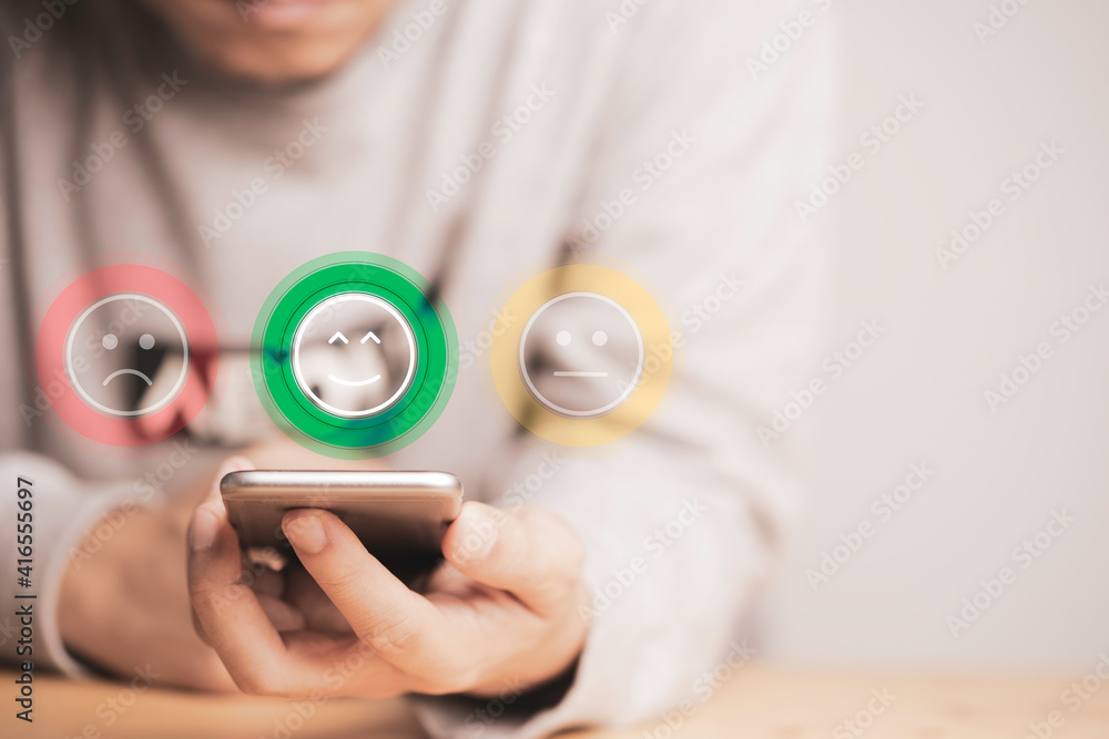 Poster customer using smartphone with face icons and info graphic percentage to evaluate product after use 