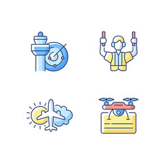 Flight dispatch RGB color icons set. Air traffic control. Airlines management improvement. Aeronautical meteorology. Drone license. Flight safety guarantee. Isolated vector illustrations