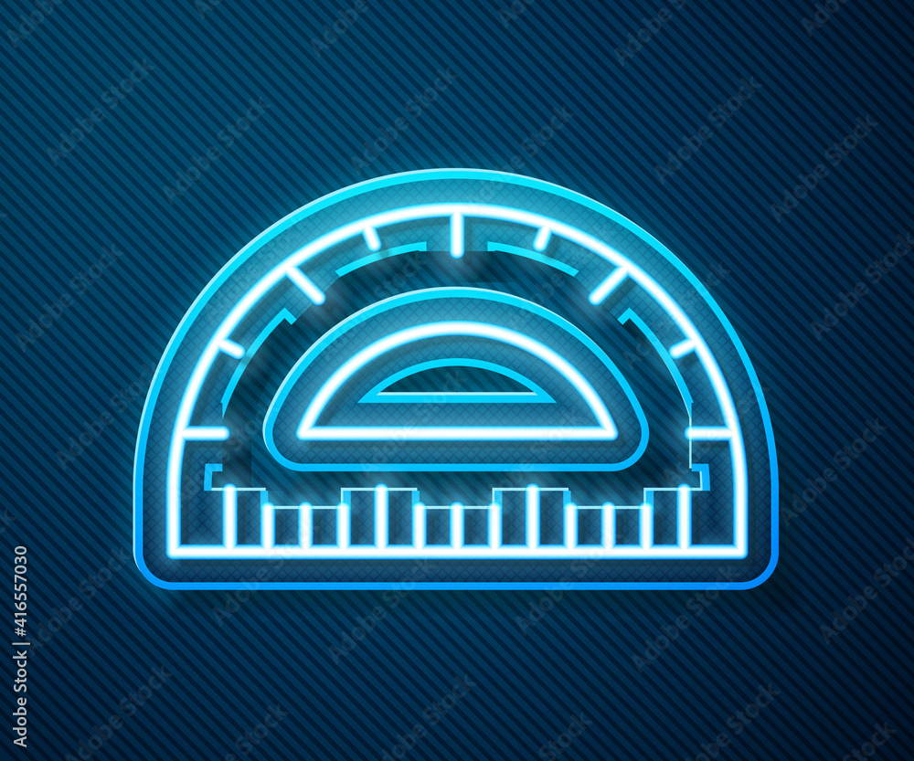 Poster glowing neon line protractor grid for measuring degrees icon isolated on blue background. tilt angle