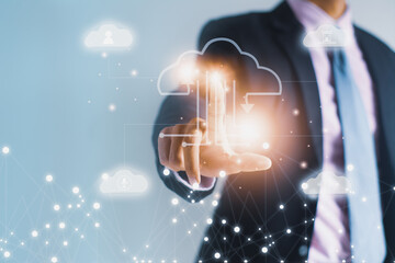 Businessman touch cloud icon visual interface network,connect to data control cloud computing,futuristic display wireless technology connectivity,business and industrial telecom,internet of things