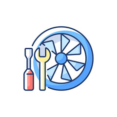 Aircraft maintenance RGB color icon. Civil aviation professional engine service. Safety flight. Airlines management improvement. Engine repair. Service engineer. Isolated vector illustration