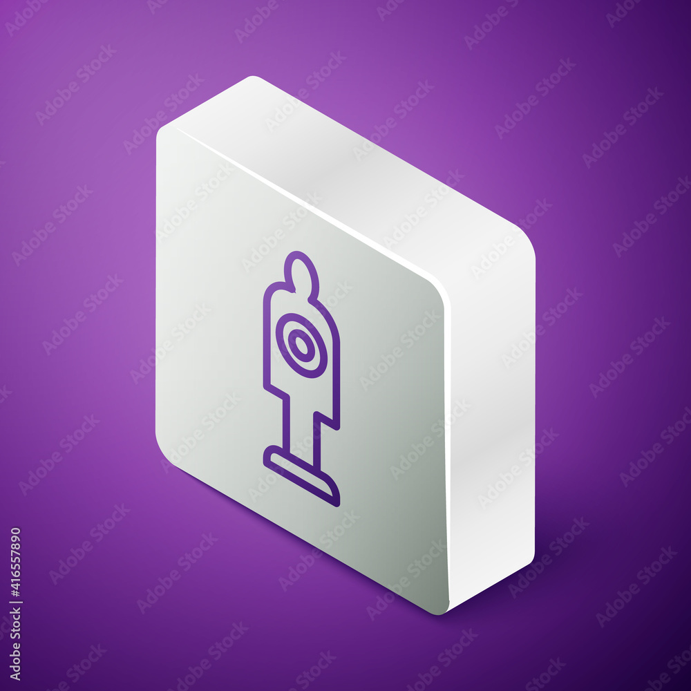 Poster isometric line human target sport for shooting icon isolated on purple background. clean target with