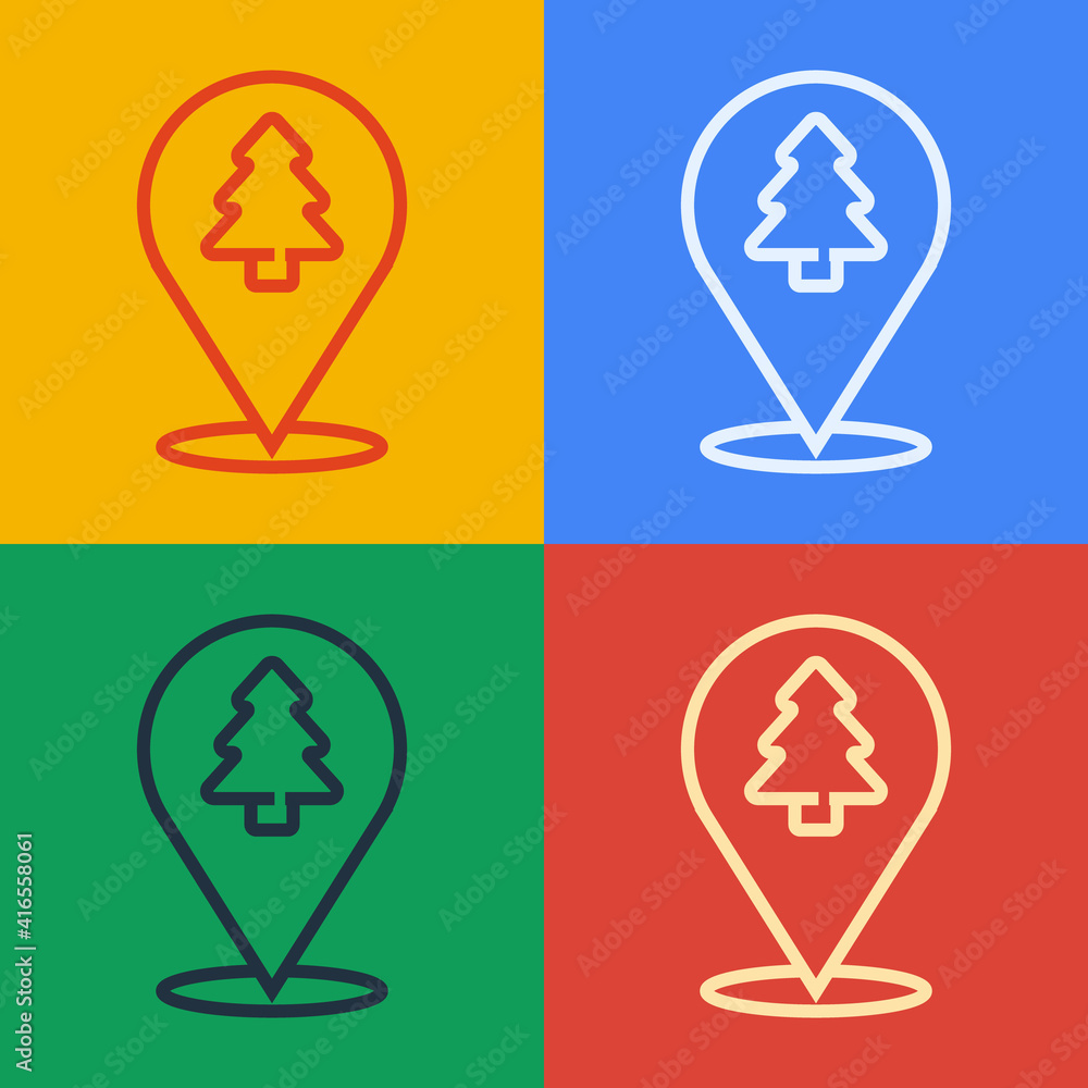 Poster pop art line location of the forest on a map icon isolated on color background. vector.