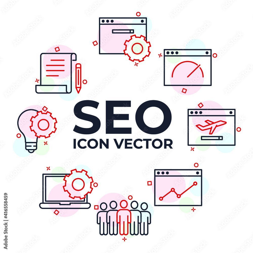 Poster set of seo icon. search engine optimization pack symbol template for graphic and web design collecti