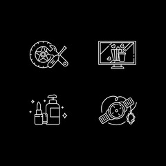 Online retail white linear icons set for dark theme. Car and auto parts. Home entertainment. Night mode customizable thin line symbols. Isolated vector outline illustrations. Editable stroke