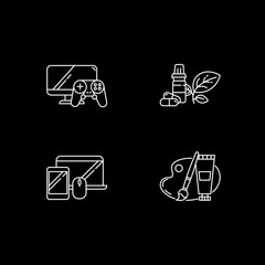 Ecommerce and retail category white linear icons set for dark theme. Electronics and gadgets. Night mode customizable thin line symbols. Isolated vector outline illustrations. Editable stroke