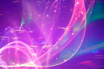 Abstract purple background with curving graphic stripes. Colored blurred lines with bokeh spots.