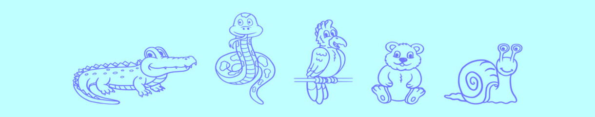 set of animal coloring book cartoon icon design template with various models. vector illustration isolated on blue background