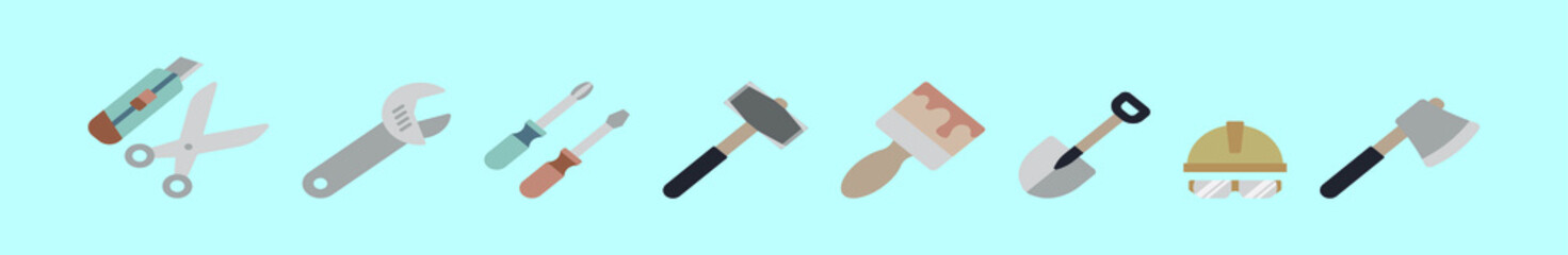set of construction tools cartoon icon design template with various models. vector illustration isolated on blue background