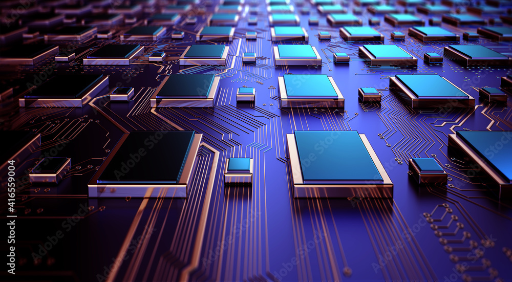 Poster Printed circuit board futuristic server. Circuit board futuristic server code processing. Orange,  gold, blue technology background with bokeh. 3d rendering