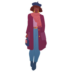 Curly curvy african-american lady wears trendy outfit marsala coat, snood scarf and beret hat. Chubby woman in warm fashion look 2021. Fashion sketch of stylish female outfit for fall, winter or