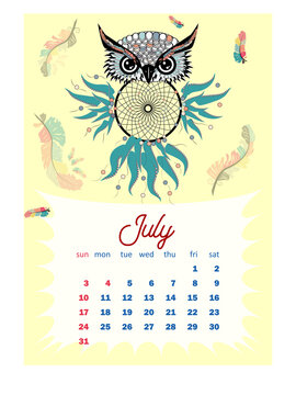 Colorful cute monthly boho calendar 2022 with dream catchers, boho owls, arrows, feathers, inspirational inscriptions