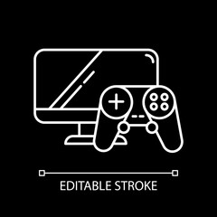Video games and consoles white linear icon for dark theme. Computer, game controller and monitor. Thin line customizable illustration. Isolated vector contour symbol for night mode. Editable stroke