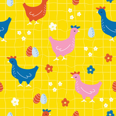 Seamless pattern with hen and eggs. Funny colorful print. Vector hand drawn illustration.