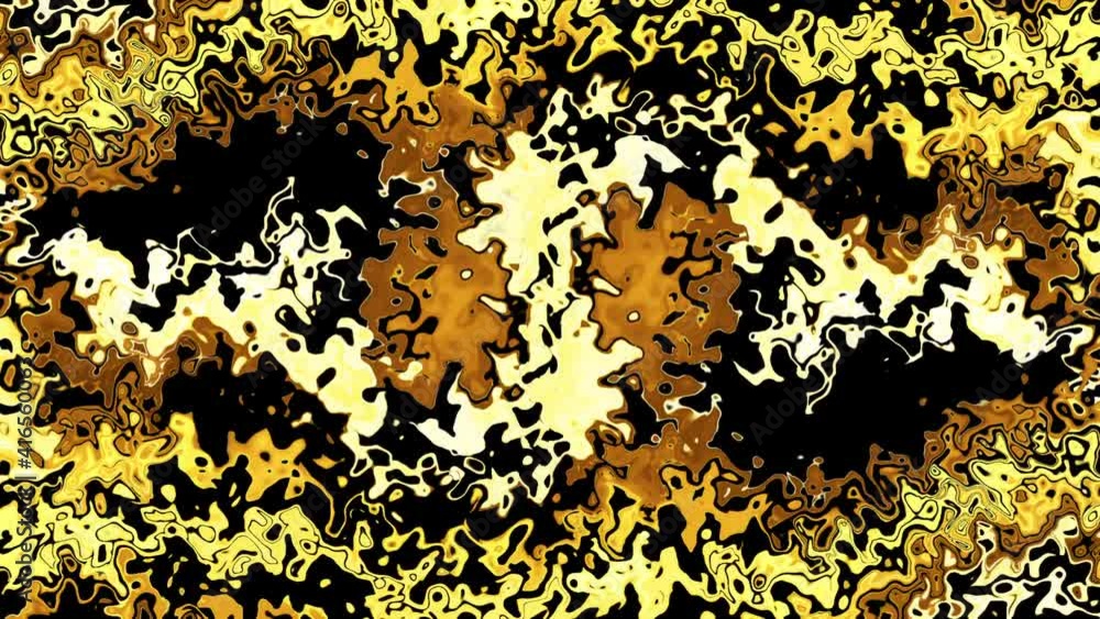 Poster abstract fractal shiny yellow gold turbulent surface texture motion on black background. 4k 3d seaml