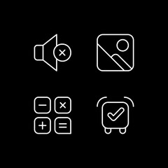 Smartphone interface white linear icons set for dark theme. Silent mode setting. Photo gallery. Night mode customizable thin line symbols. Isolated vector outline illustrations. Editable stroke