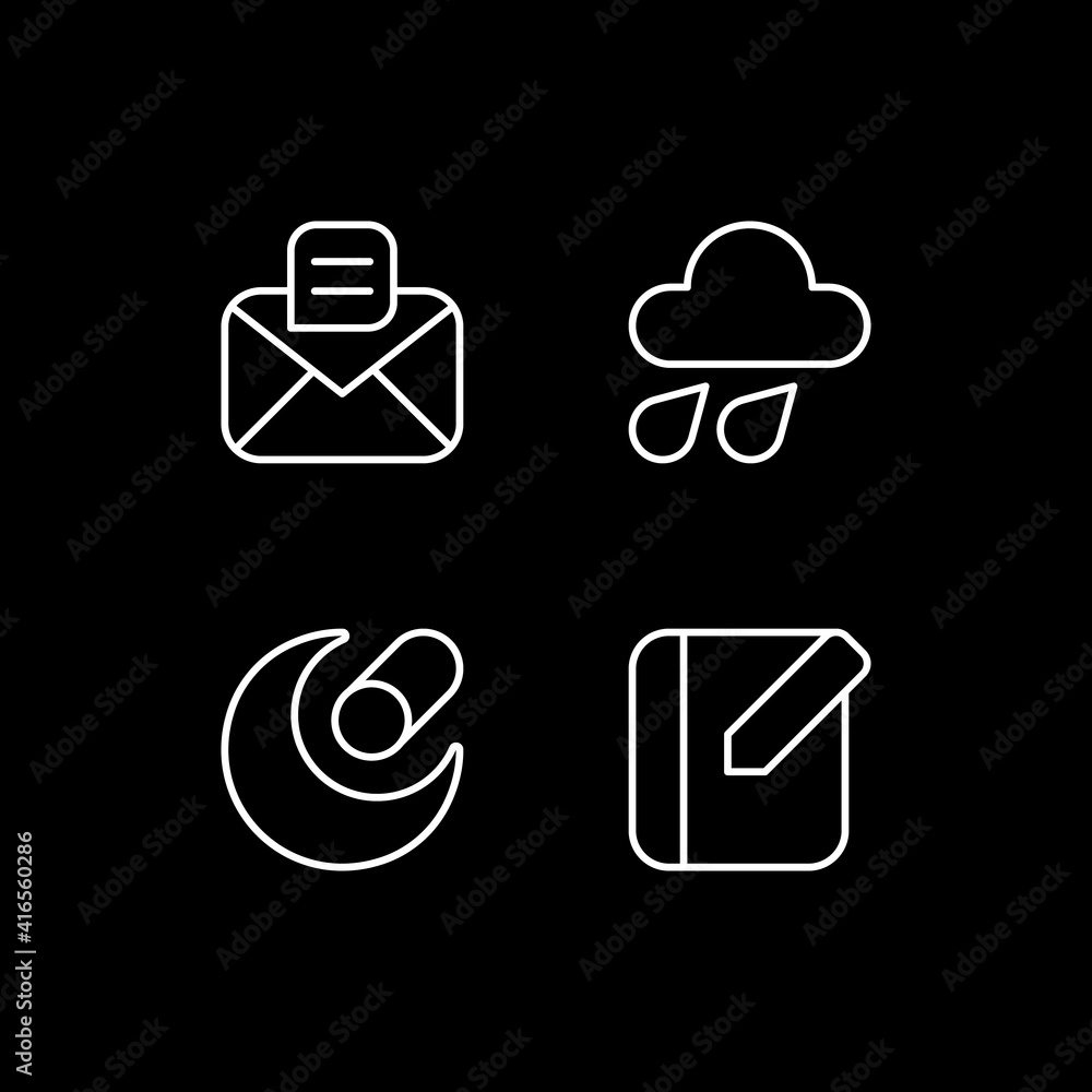 Poster mobile interface white linear icons set for dark theme. message. weather forecast. night mode custom