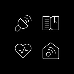 Mobile interface white linear icons set for dark theme. Lantern. Book reader. Health and wellness. Night mode customizable thin line symbols. Isolated vector outline illustrations. Editable stroke