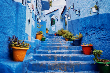 Obraz na płótnie Canvas Travel by .Morocco. Street in medina of blue town Chefchaouen.