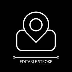 Maps app white linear icon for dark theme. Location tracking. GPS navigation. Road reports. Thin line customizable illustration. Isolated vector contour symbol for night mode. Editable stroke