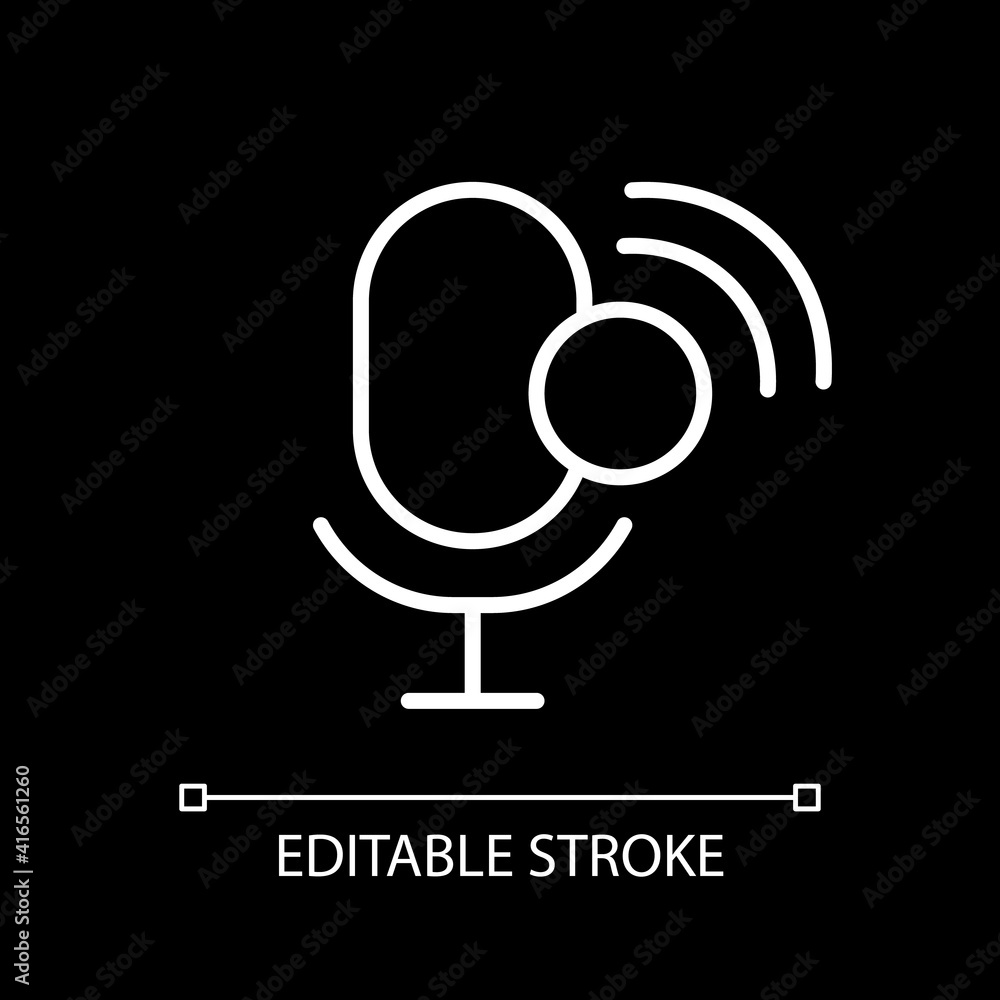 Poster voice assistant app white linear icon for dark theme. mobile application. voice recognition. thin li