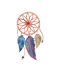 Watercolor ethnic tribal dreamcatcher with beads and feathers
