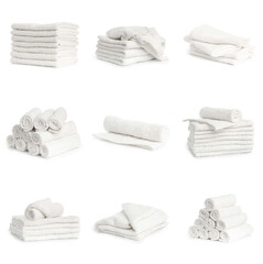 set of white spa Folded clean soft towels on white background