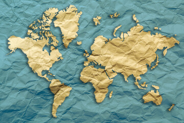 World map in relief on recylcled paper a composite concept of global ecology and the importance of recycling sustainable resources