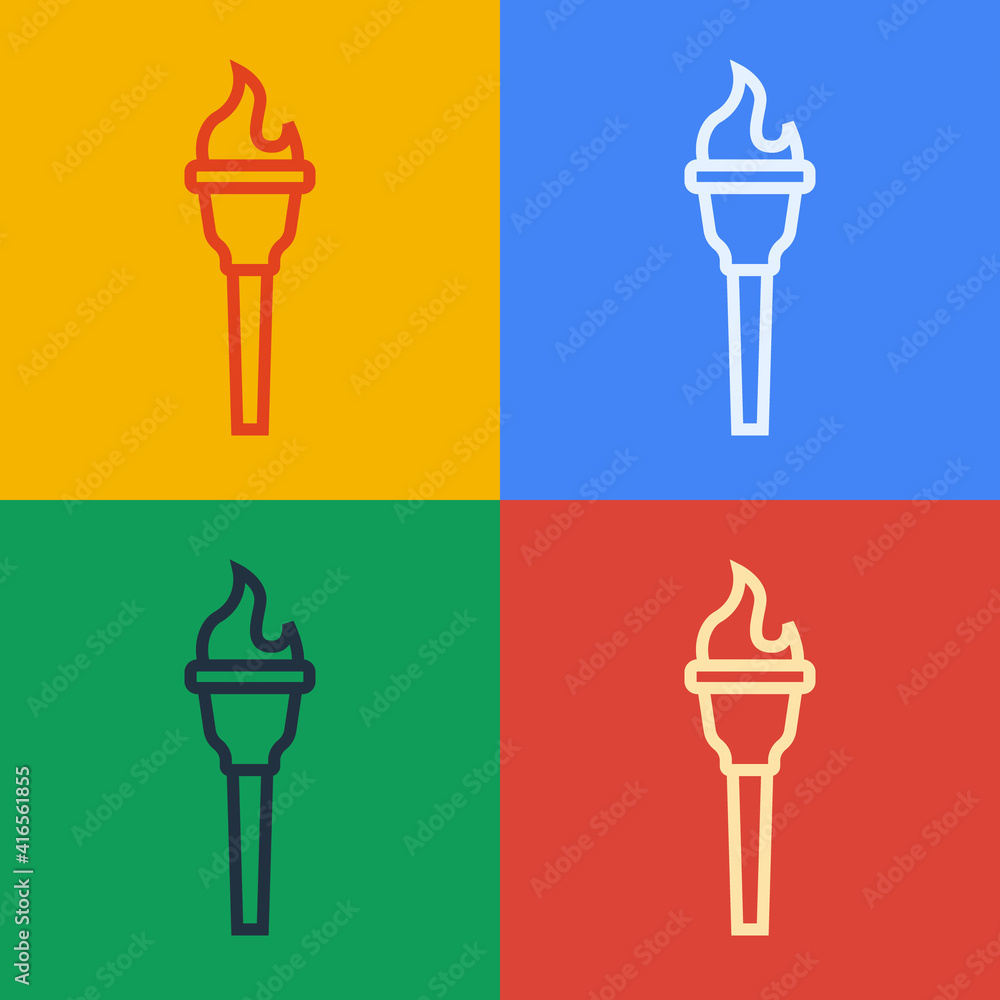 Poster pop art line torch flame icon isolated on color background. symbol fire hot, flame power, flaming an
