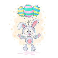 Obraz na płótnie Canvas Illustration of the Easter bunny flying on balloons in the form of Easter eggs. Positive and unique design. Children's bright illustration. Use the product for printing on clothing, accessories, party