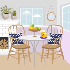 Royal collection. Dining table in classic style. Cozy room interior. Dining table and chairs, Fireplace, summer cozy dining room illustration for two Room interior. Home office.