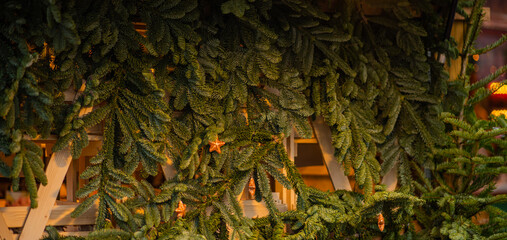 Christmas holidays decorations. Festive Christmas tree and decorations on streets of Maastricht, Netherlands.