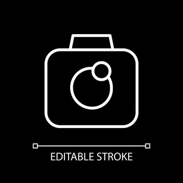 Camera app white linear icon for dark theme. Taking photos. Video recording. Smartphone application. Thin line customizable illustration. Isolated vector contour symbol for night mode. Editable stroke