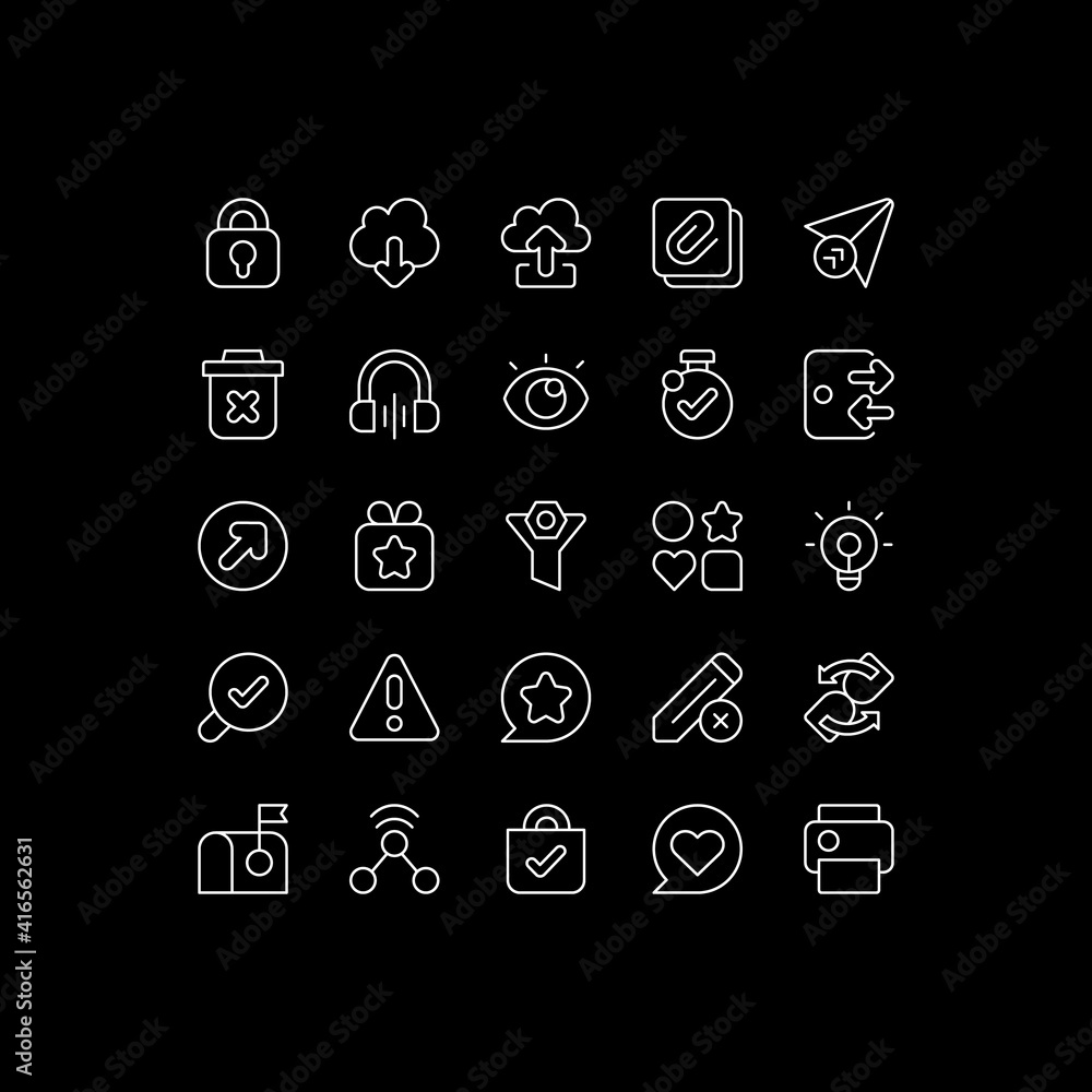 Poster interface elements white linear icons set for dark theme. download data, upload to cloud. night mode