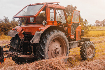 Old red tractor in the field during the haymaking season, pressing hay on bales, forage harvesting.
