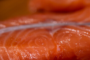 Close Up Of A Large Atlantic Salmon Fillet. Selective Focus. Menu Full Page Total Background.