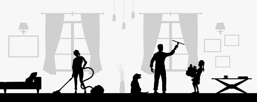 Family cleaning living room. Black silhouette of housework scene. Domestic work. People tidy home. Horizontal image of flat sweeping. Vector illustration