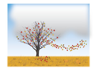Tree in Autumn Breeze with Blowing Leaves Illustration