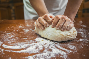Women's hands kneading bread.
